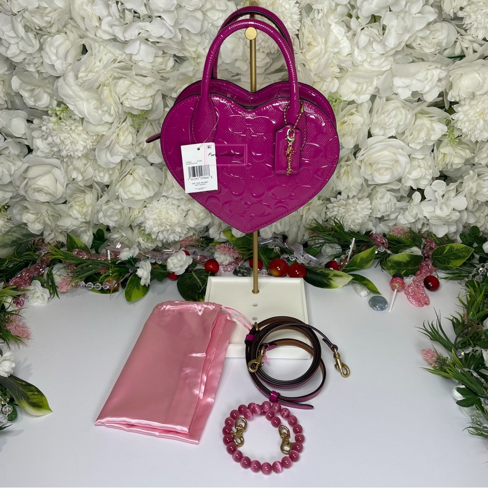 Coach Heart Crossbody CN600 Purple Pink Magenta with Cat Eye Crystal Chain - Picture 7 of 16